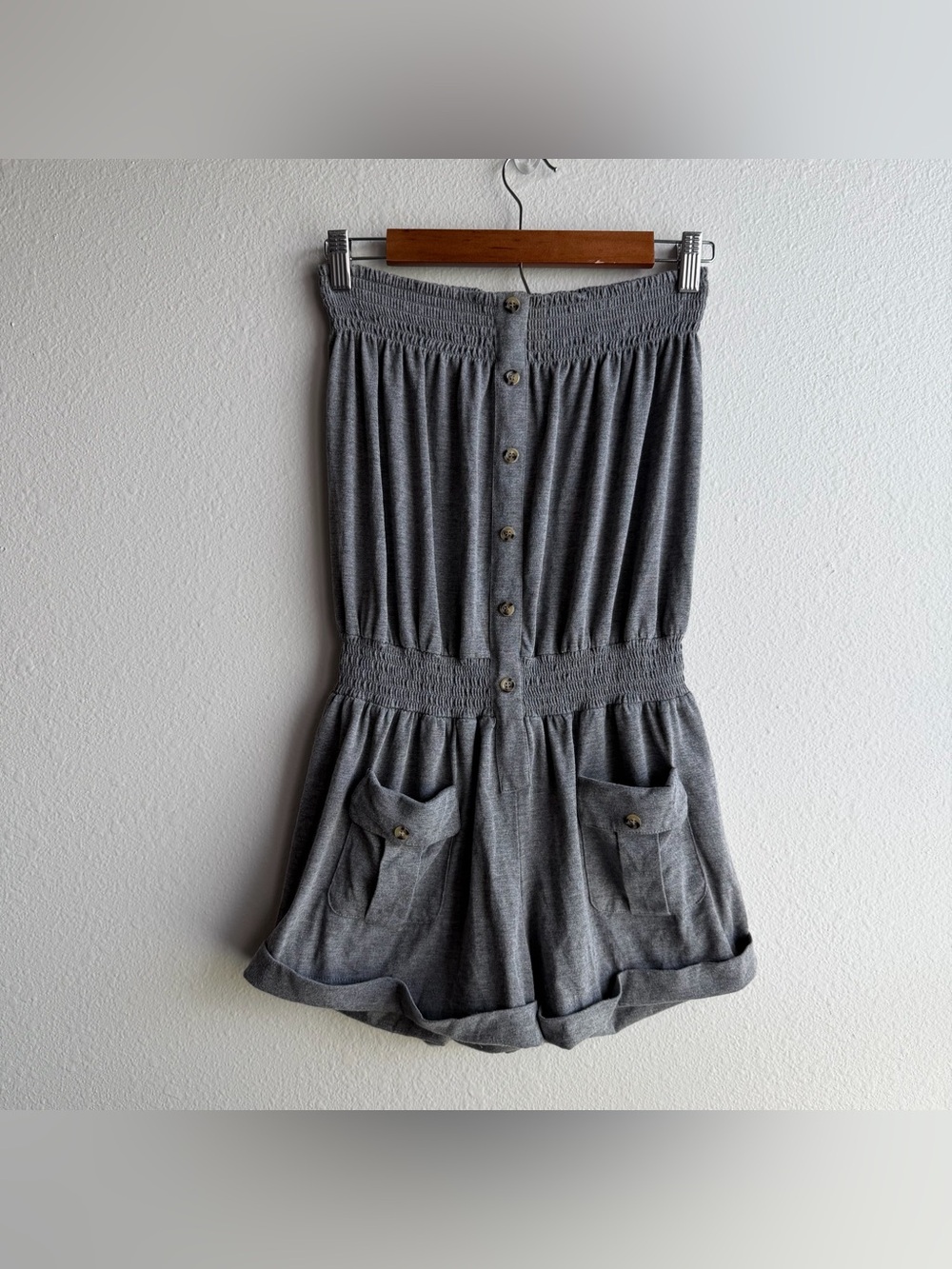 Tube Top Strapless Grey Romper Shorts Smocked Waist Stretchy Comfy Boho Beach G